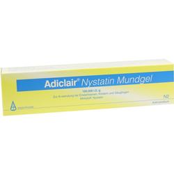 Gelbe Verpackung mit der Aufschrift "Adiclair Nystatin Mundgel".