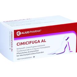 Eine Medikamentenbox mit rotem und weißem Design und dem Namen "Cimicifuga AL".