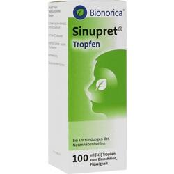Eine Verpackung von Sinupret Tropfen mit grünem Design gegen Nasennebenhöhlenentzündung.