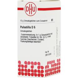 Verpackung einer medizinischen Streukügelchen mit dem Namen Pulsatilla D6.