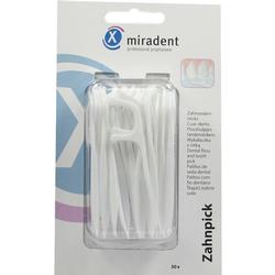 Eine Packung mit 30 weißen Zahnseidensticks der Marke Miradent.