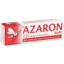 Rote Verpackung eines Stiftes gegen Juckreiz bei Insektenstichen mit Mückenbild.