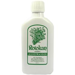 Weiße Flasche mit der Aufschrift "Rotokan mildes Mundwasser" und grüner Pflanzengrafik.
