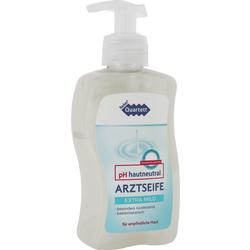 Eine Flasche flüssige Arztseife mit Spender oben drauf.