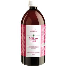 Eine braune Flasche mit einem Etikett von "Mikro San", einem Nahrungsergänzungsmittel.