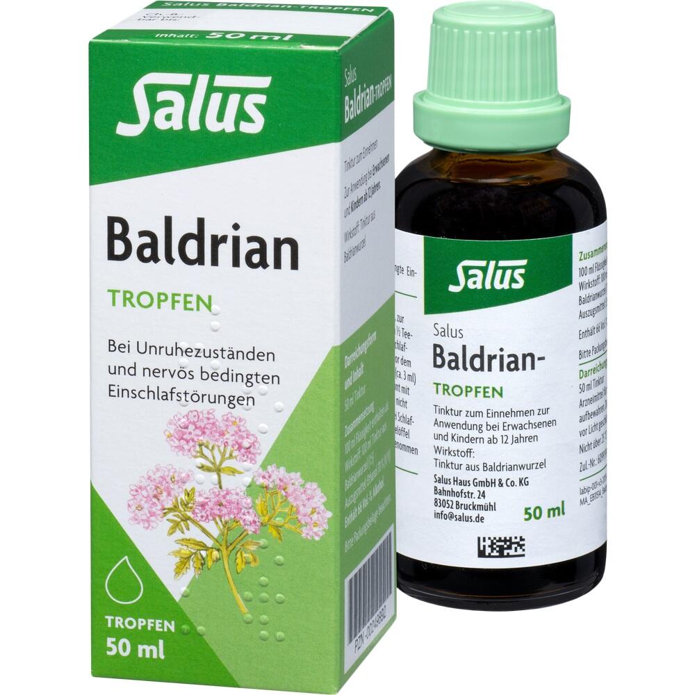 Eine Flasche Baldrian-Tropfen mit grüner Verpackung und weißem Etikett.