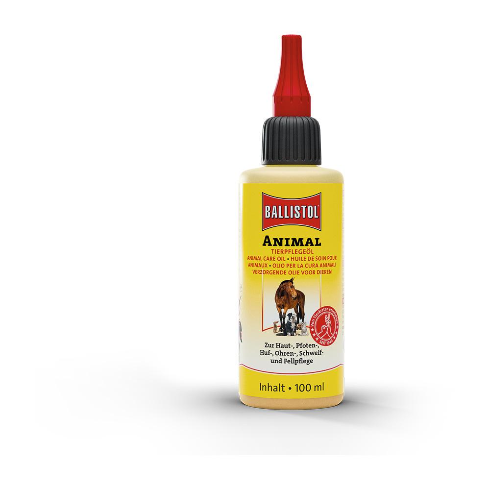 Gelbe Flasche mit Tierpflegeöl, 100 ml Inhalt, geeignet für die Pflege von Haut und Fell.