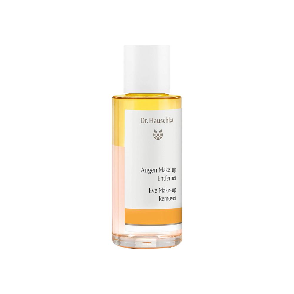 Flasche mit gelbem und klarem Flüssigkeitsinhalt für Augen-Makeup-Entferner.