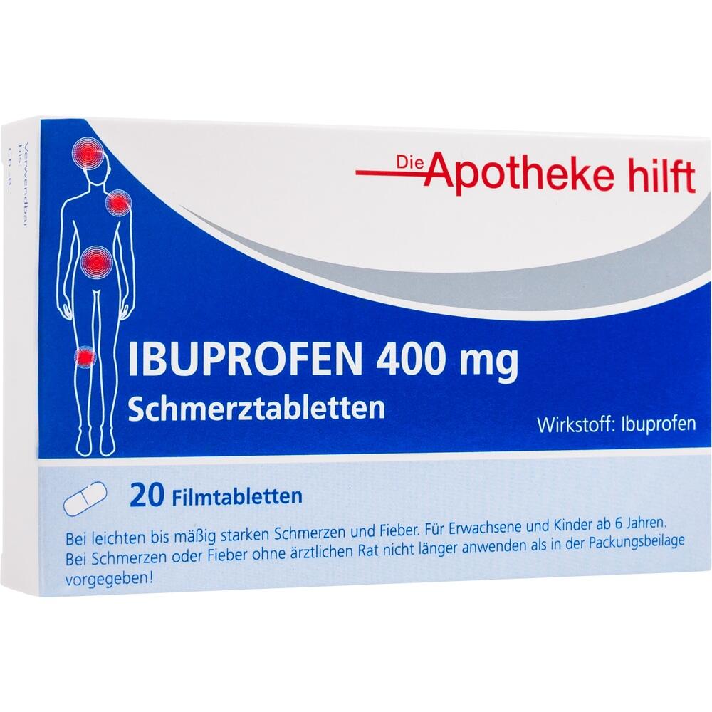 Schachtel mit 20 Ibuprofen-Tabletten gegen Schmerzen und Fieber, Dosierung 400 mg.