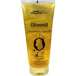 Gelbe Duschgel-Tube mit Olivenöl-Logo und Text "Schönheits-Dusche".