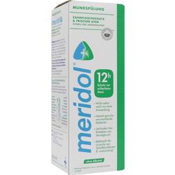 Weiße Verpackung einer Mundspülung mit grünem und blauem Text.