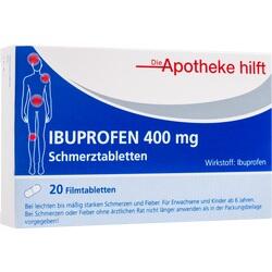 Schachtel mit 20 Ibuprofen-Tabletten gegen Schmerzen und Fieber, Dosierung 400 mg.