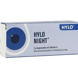 Blaue Verpackung einer Augensalbe namens Hylo Night mit Vitamin A.