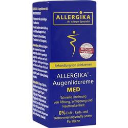 Blaue Verpackung einer Augenlidcreme gegen Hautprobleme, ohne Duft- und Farbstoffe.